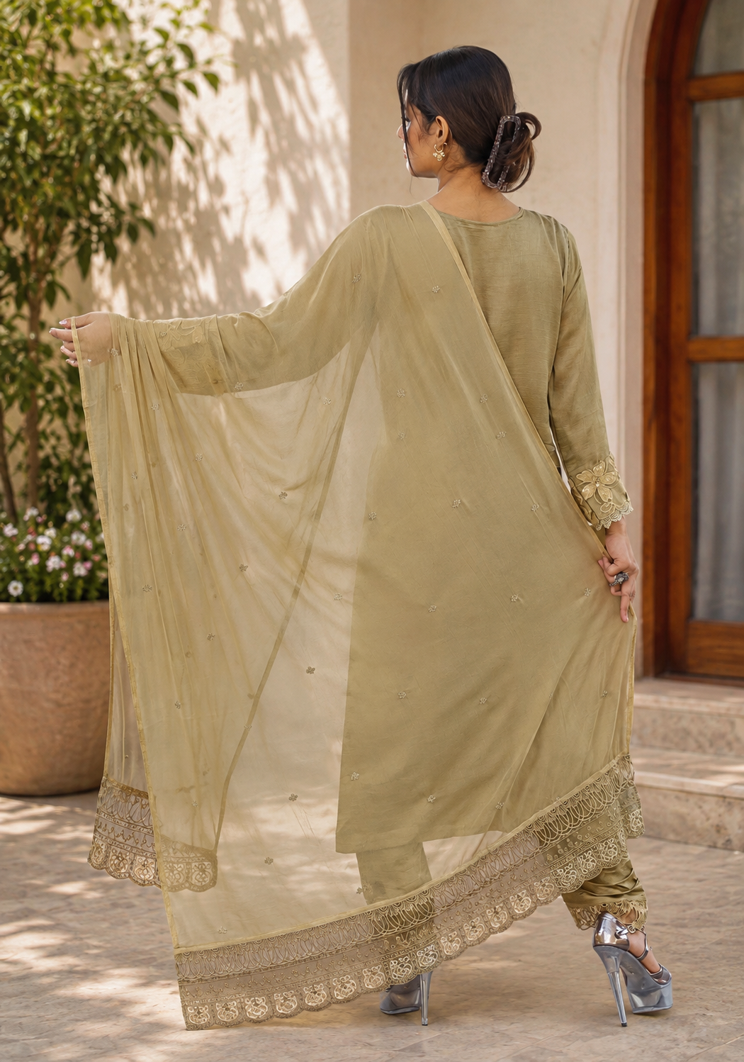 Olive Tonal Floral Cutwork Pakistani Suit
