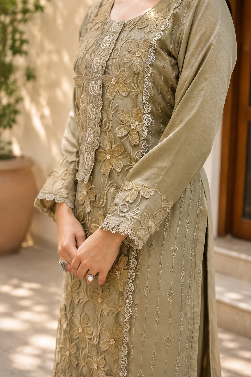 Olive Tonal Floral Cutwork Pakistani Suit