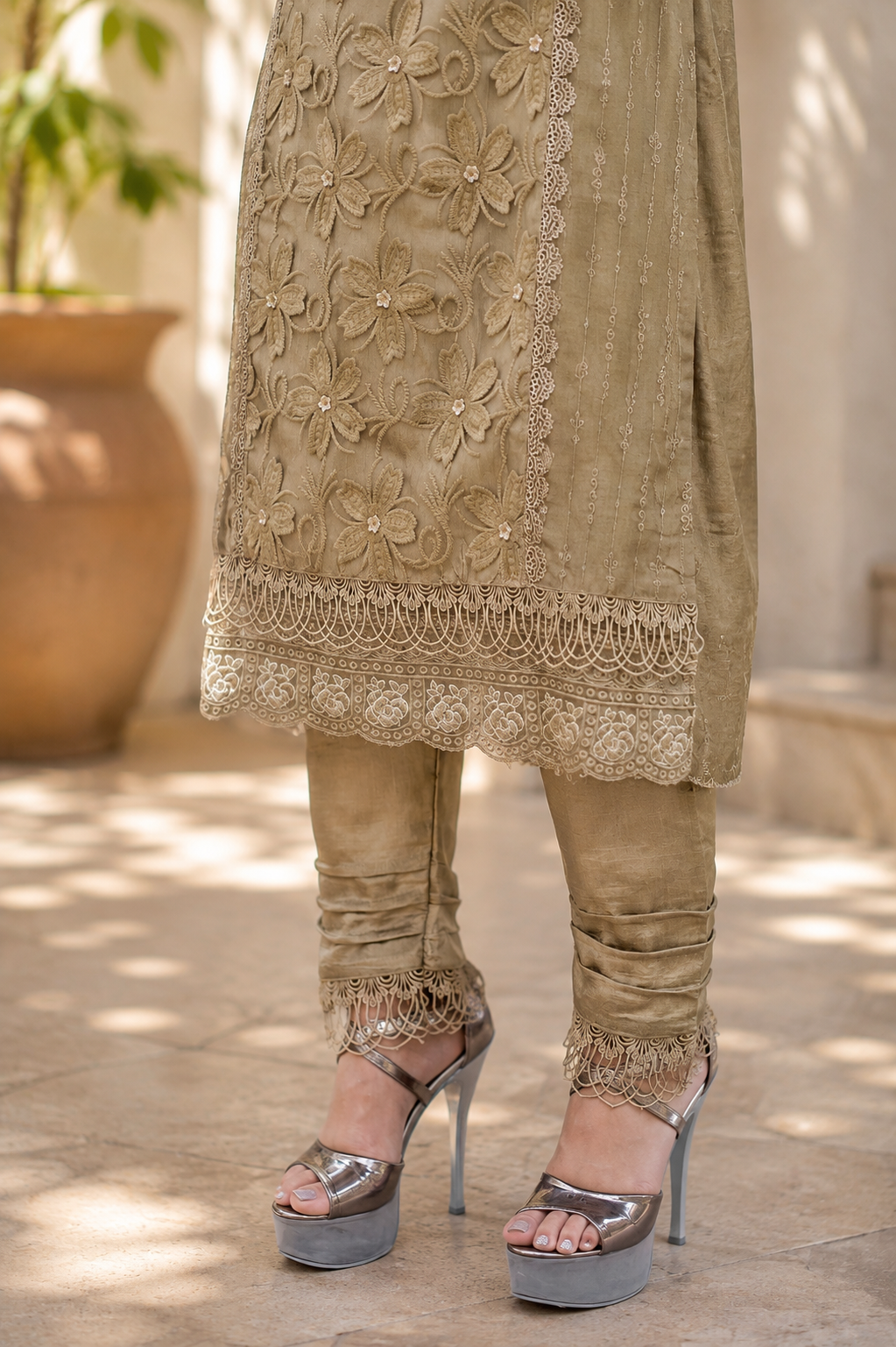 Olive Tonal Floral Cutwork Pakistani Suit