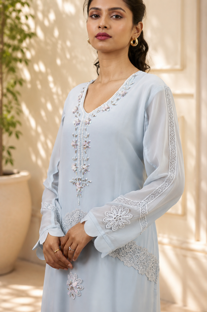 Embroidered Suit with Floral Print Dupatta