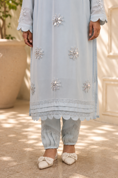 Embroidered Suit with Floral Print Dupatta