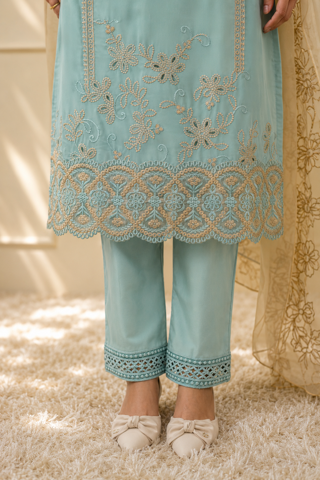 Turquoise Ornate Embroidered Pakistani Suit