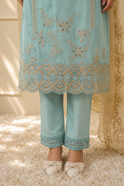 Turquoise Ornate Embroidered Pakistani Suit