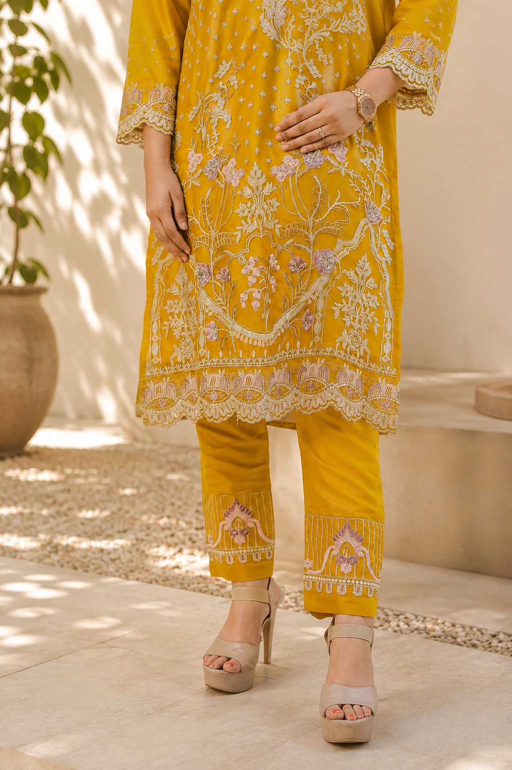 Mustard Floral Embroidered Pakistani Suit