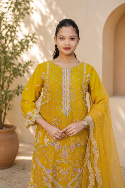 Mustard Floral Embroidered Pakistani Suit