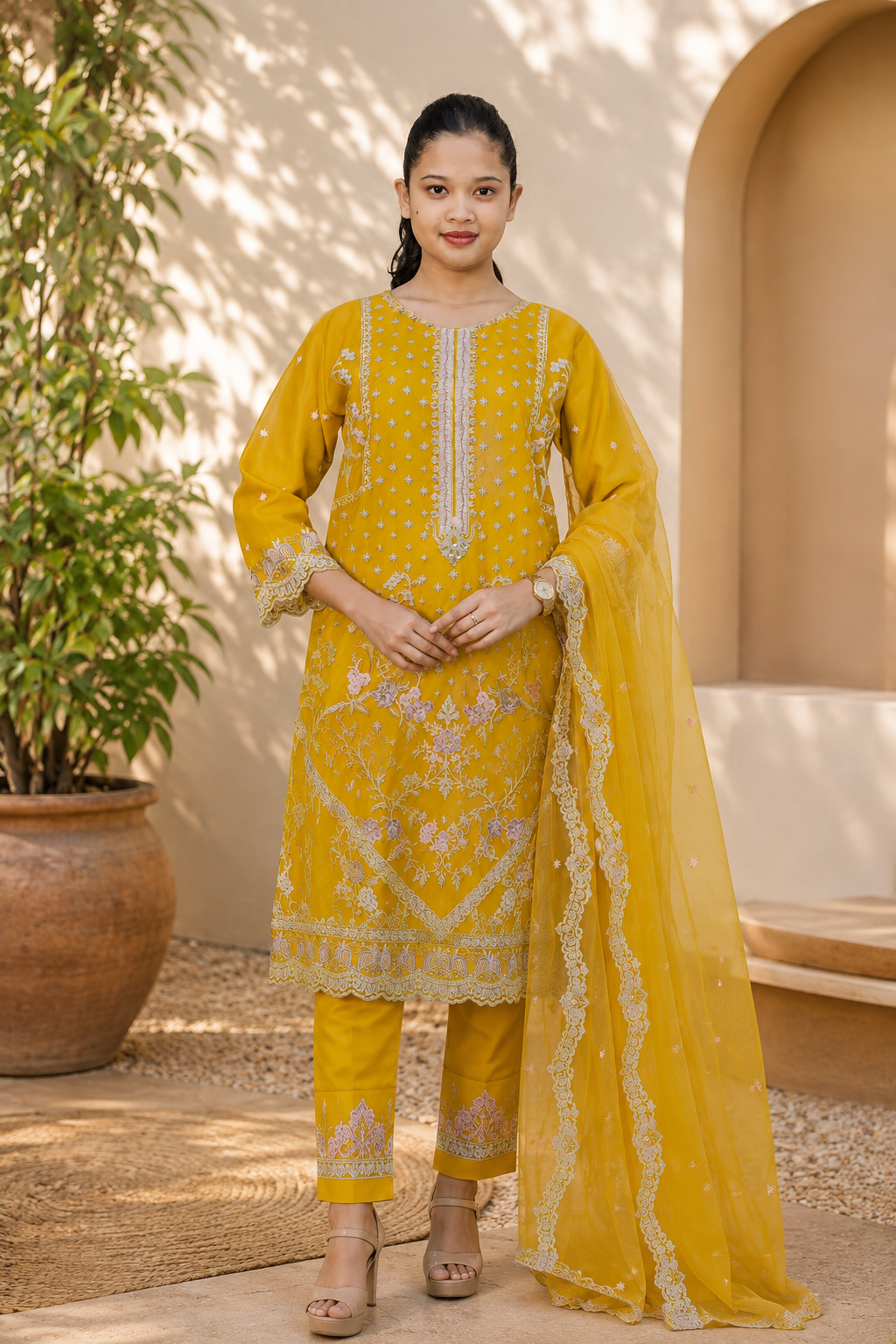 Mustard Floral Embroidered Pakistani Suit