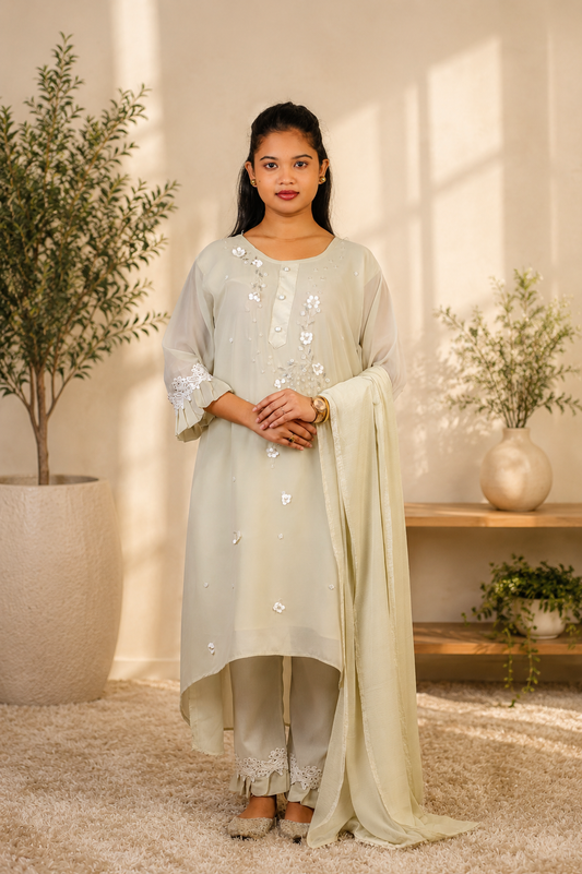 3D Floral Appliqué Asymmetric Pakistani Suit