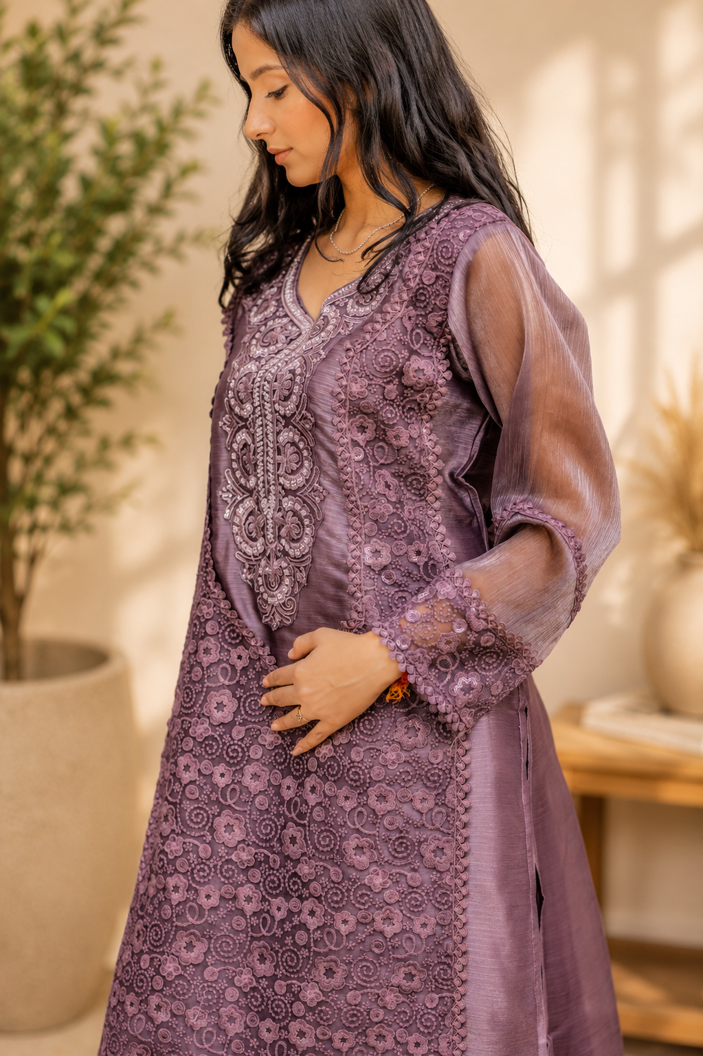 Mauve Cutwork Lace Embroidered Suit