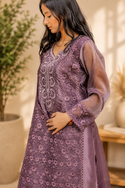 Mauve Cutwork Lace Embroidered Suit