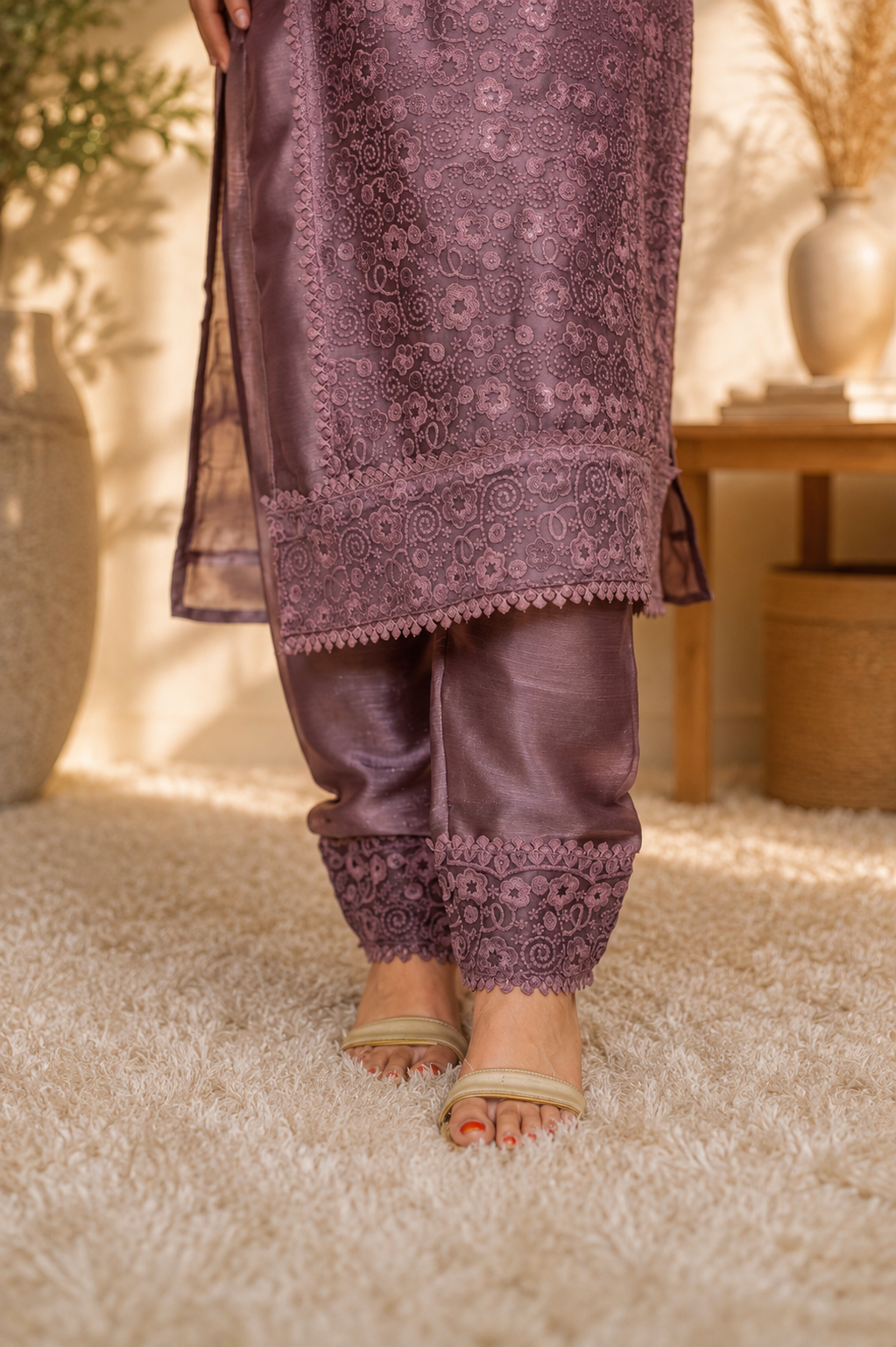 Mauve Cutwork Lace Embroidered Suit