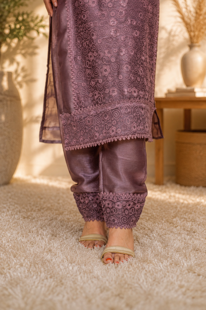 Mauve Cutwork Lace Embroidered Suit