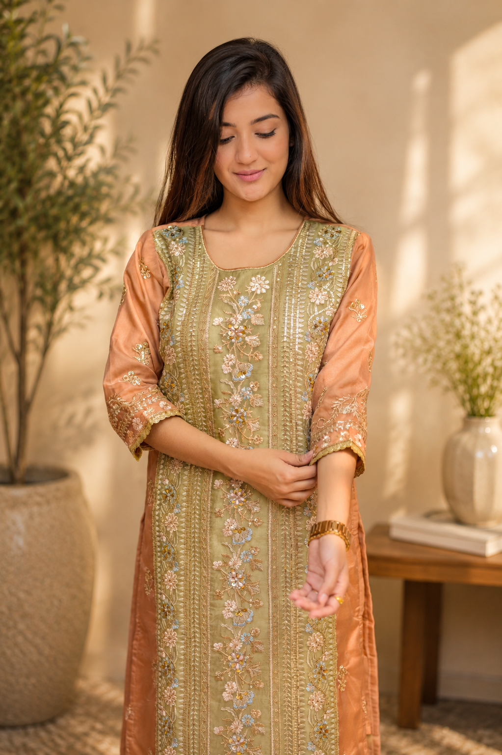 Terracotta & Sage Colorblock Embroidered Suit