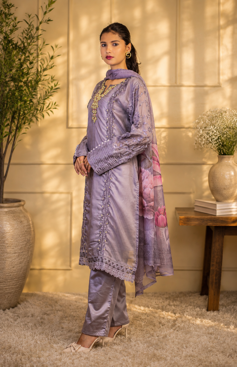 Pearl Embroidered Suit with Print Dupatta
