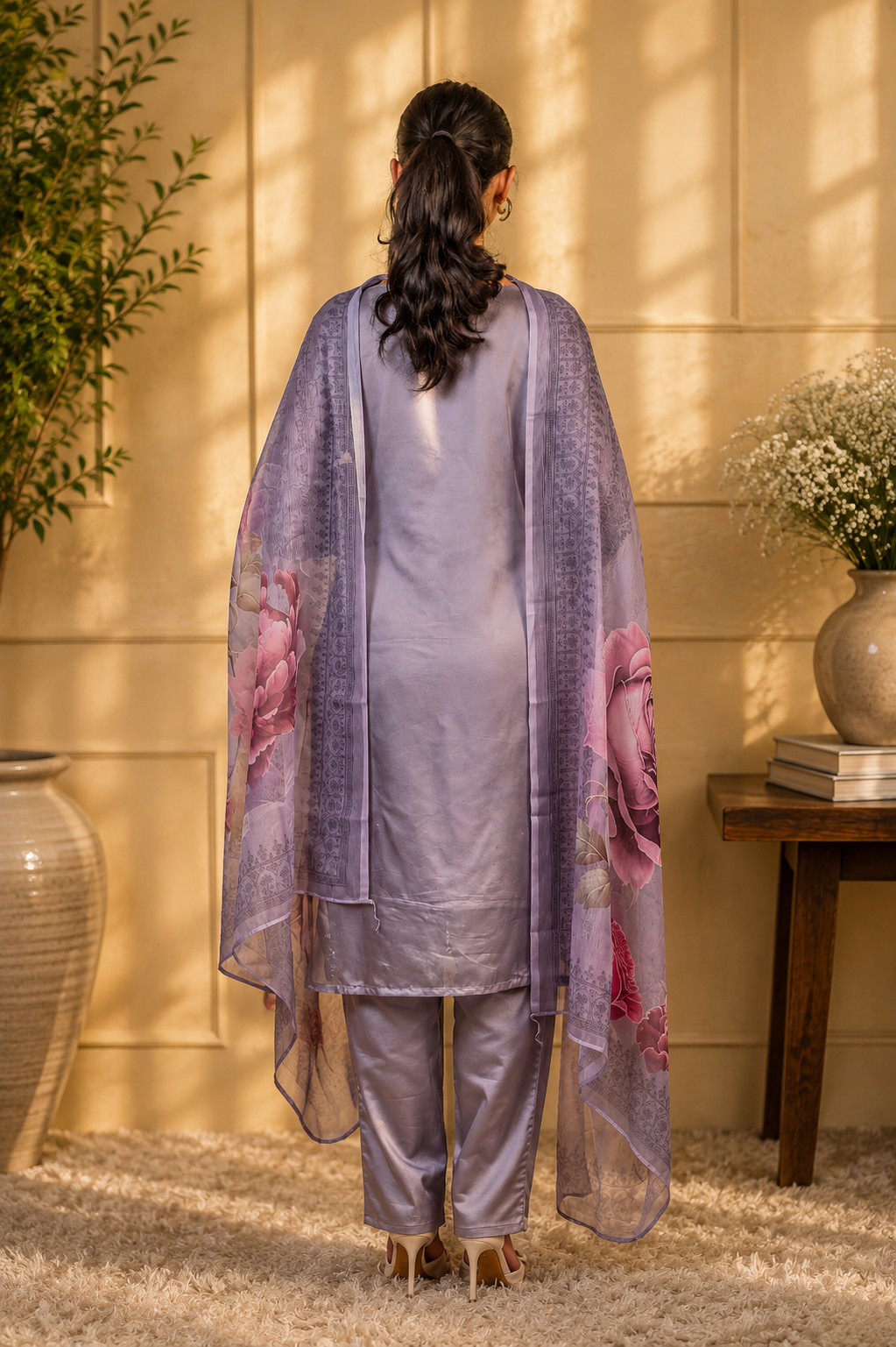 Pearl Embroidered Suit with Print Dupatta