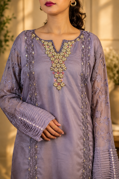 Pearl Embroidered Suit with Print Dupatta