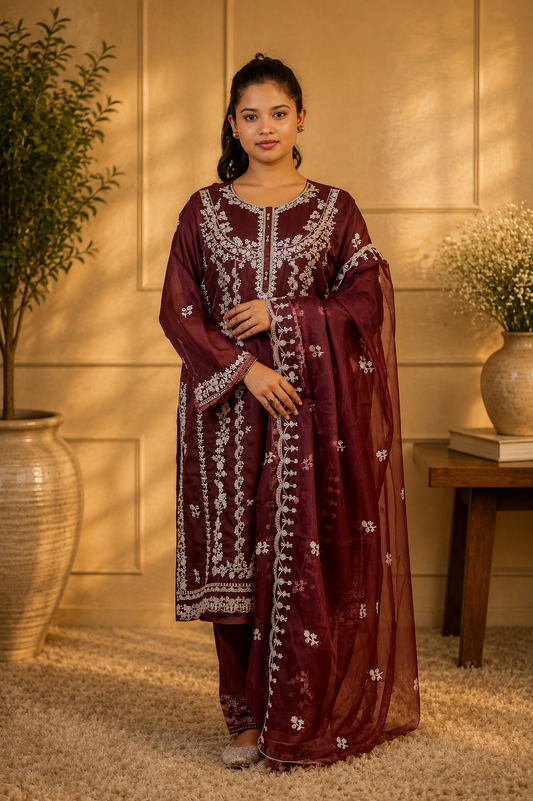 Zahra-E-Noor - Silver Embroidered Suit with Printed Dupatta