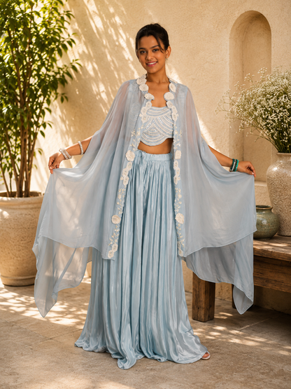 Raqs-e-Noor - Powder Blue Pearl Bloom Cape Lehenga