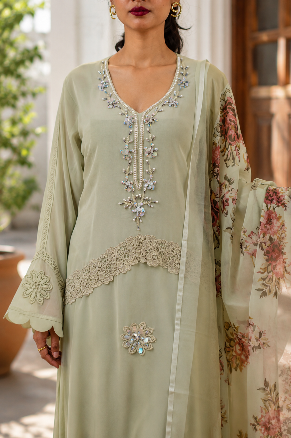 Embroidered Suit with Floral Print Dupatta