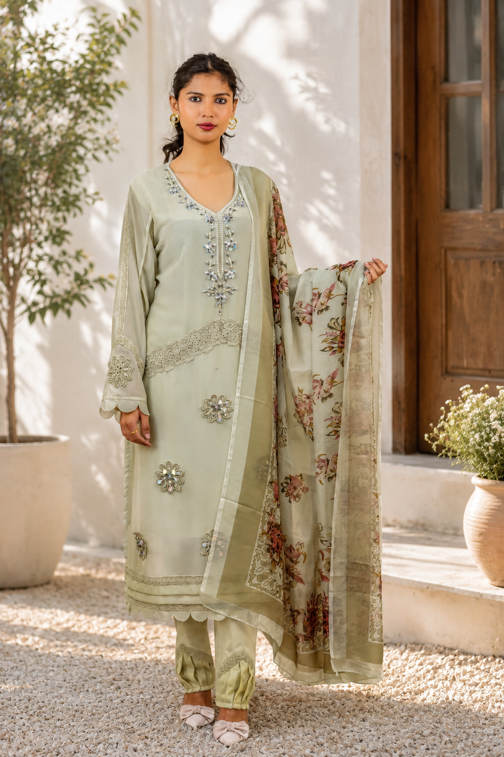 Embroidered Suit with Floral Print Dupatta