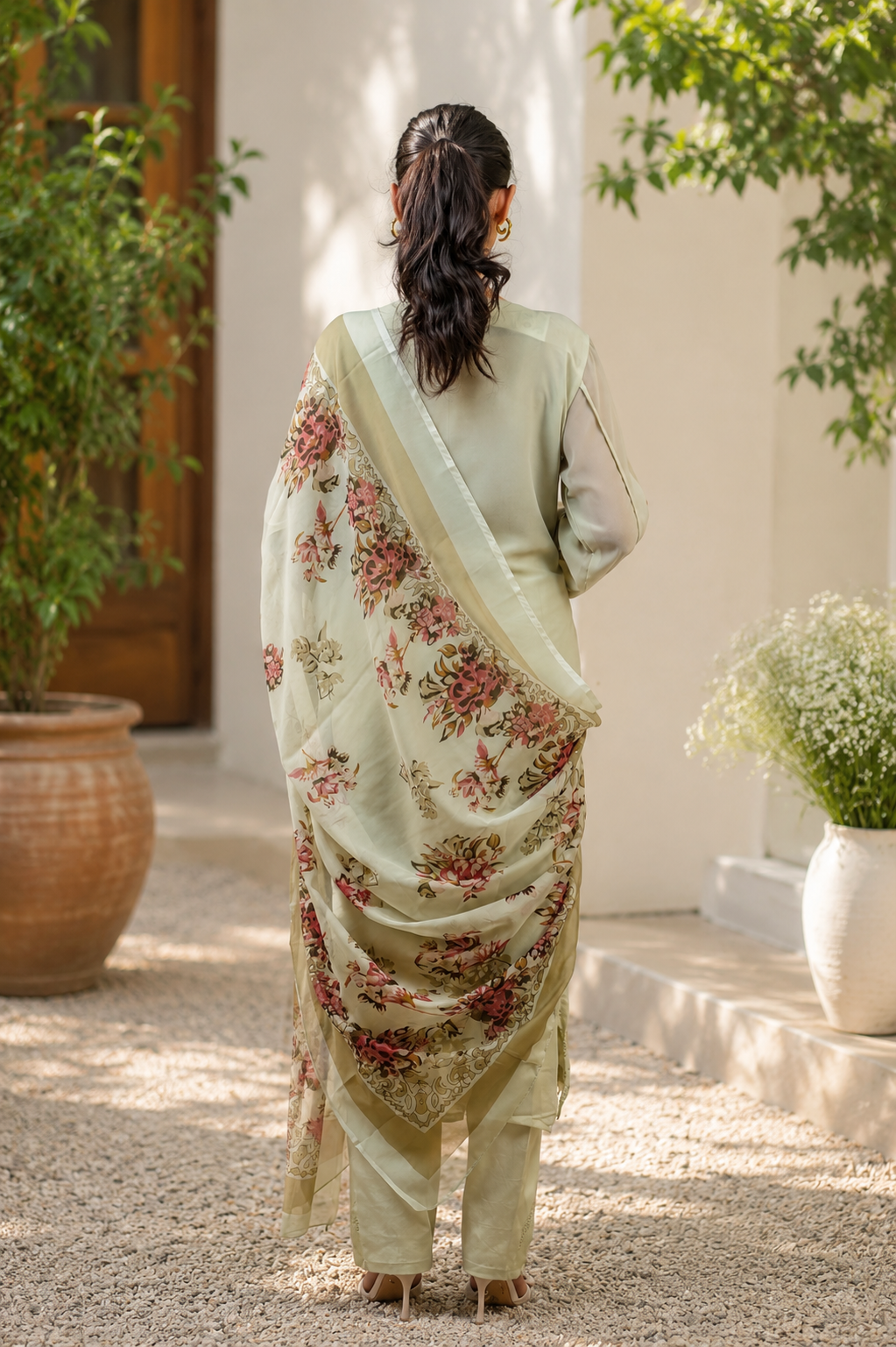 Embroidered Suit with Floral Print Dupatta