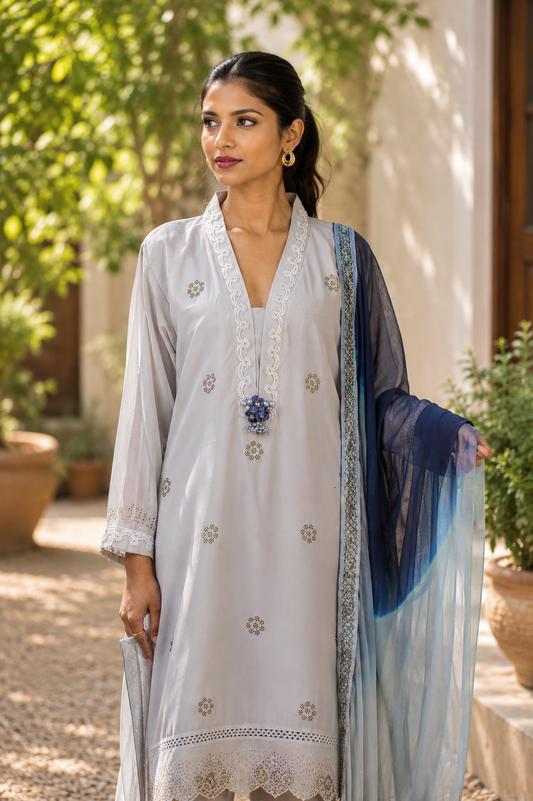 Grey Eyelet Cutwork Pakistani Suit