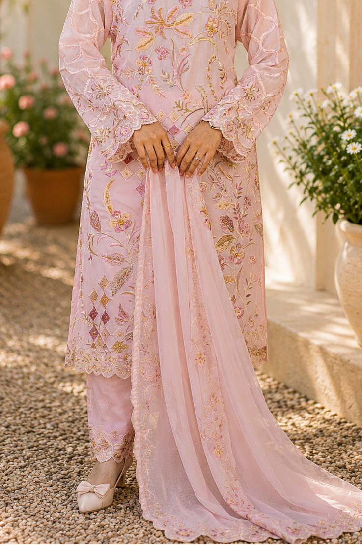Stylish Diamond Lattice Floral Embroidered Pakistani Suit
