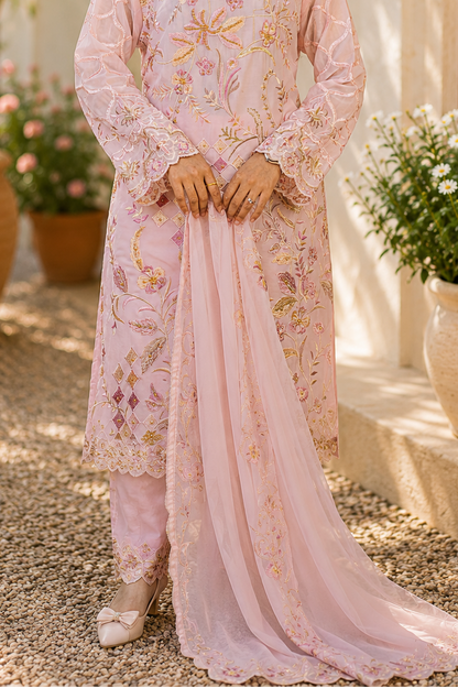 Stylish Diamond Lattice Floral Embroidered Pakistani Suit