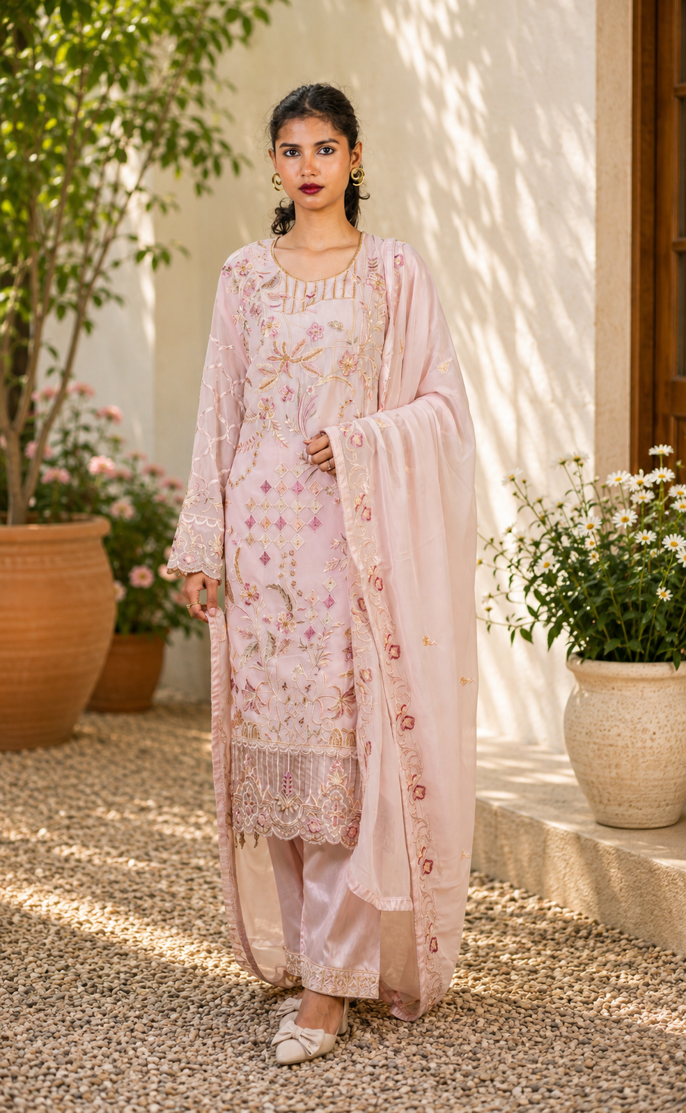 Stylish Diamond Lattice Floral Embroidered Pakistani Suit