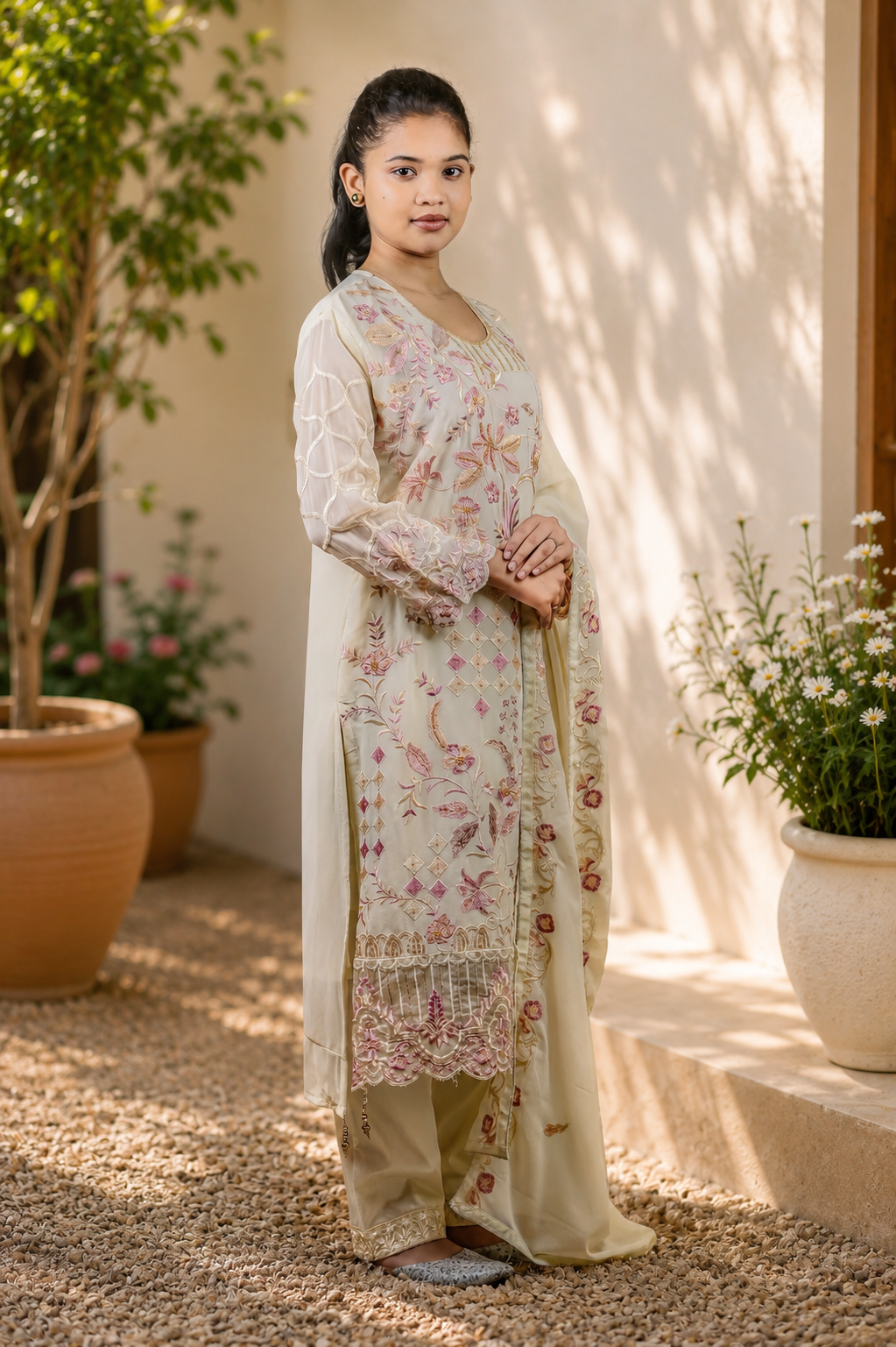 Stylish Diamond Lattice Floral Embroidered Pakistani Suit