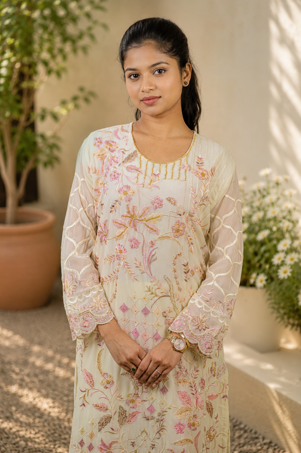 Stylish Diamond Lattice Floral Embroidered Pakistani Suit