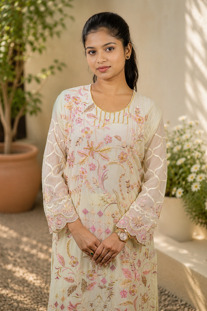 Stylish Diamond Lattice Floral Embroidered Pakistani Suit