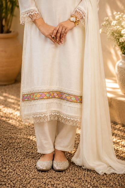 Zahra-E-Noor - Ivory Patchwork Suit with Crochet Lace