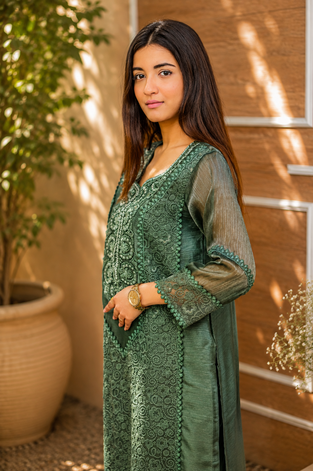 Zahra-E-Noor - Sage Green Floral Lace Pakistani Suit