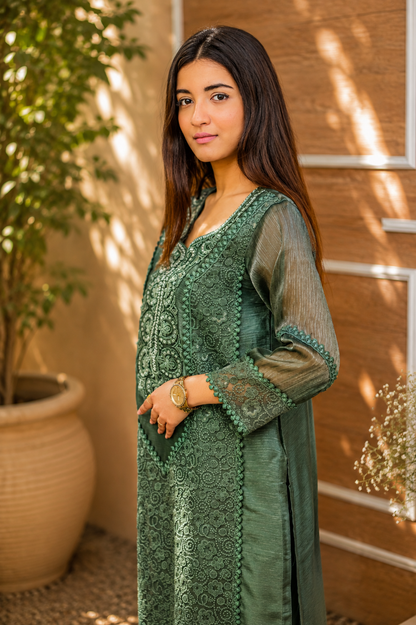 Zahra-E-Noor - Sage Green Floral Lace Pakistani Suit