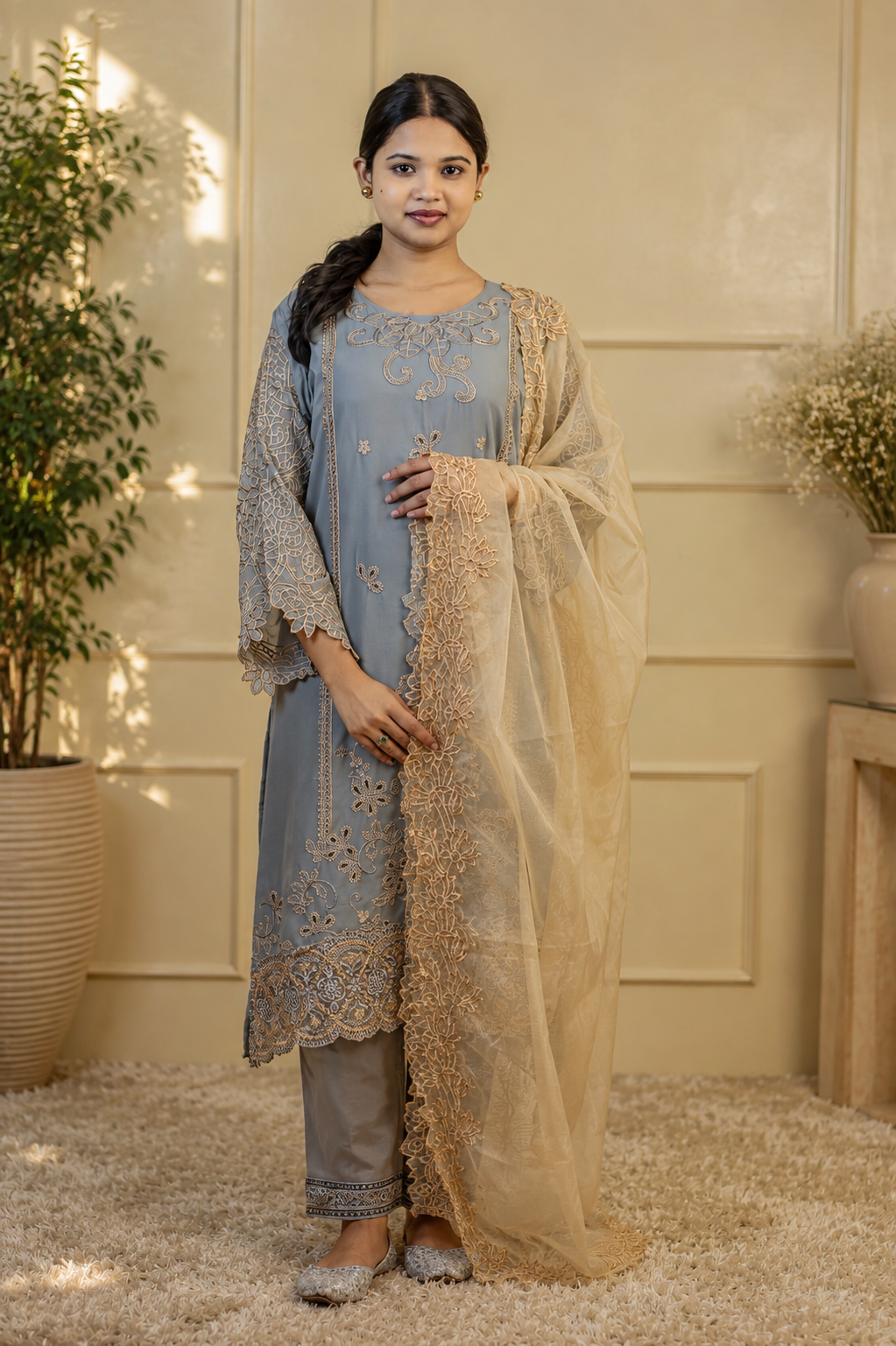 Zahra-E-Noor - Grey Pakistani with Golden Swirl Embroidery