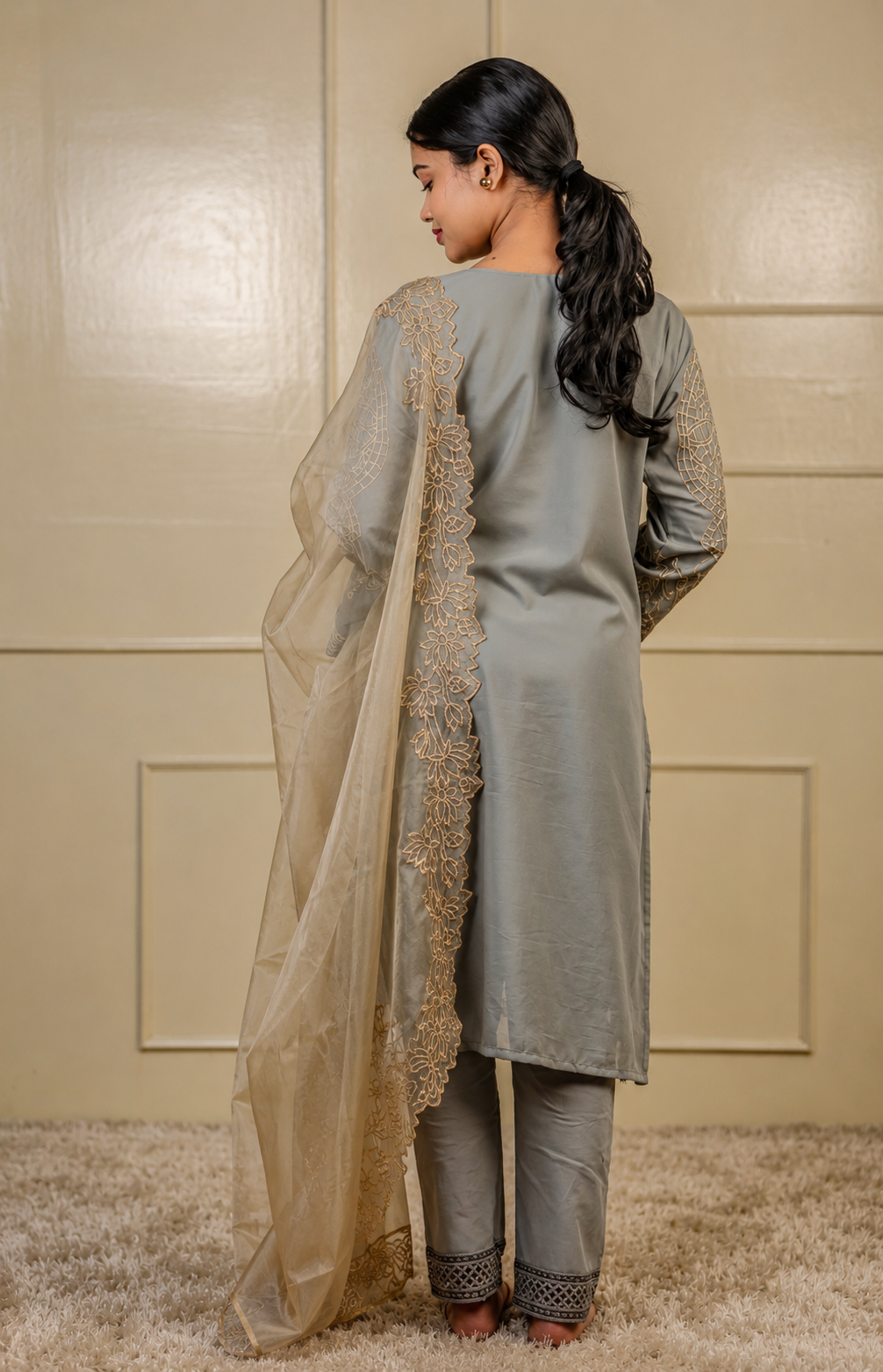 Zahra-E-Noor - Grey Pakistani with Golden Swirl Embroidery