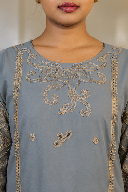 Zahra-E-Noor - Grey Pakistani with Golden Swirl Embroidery