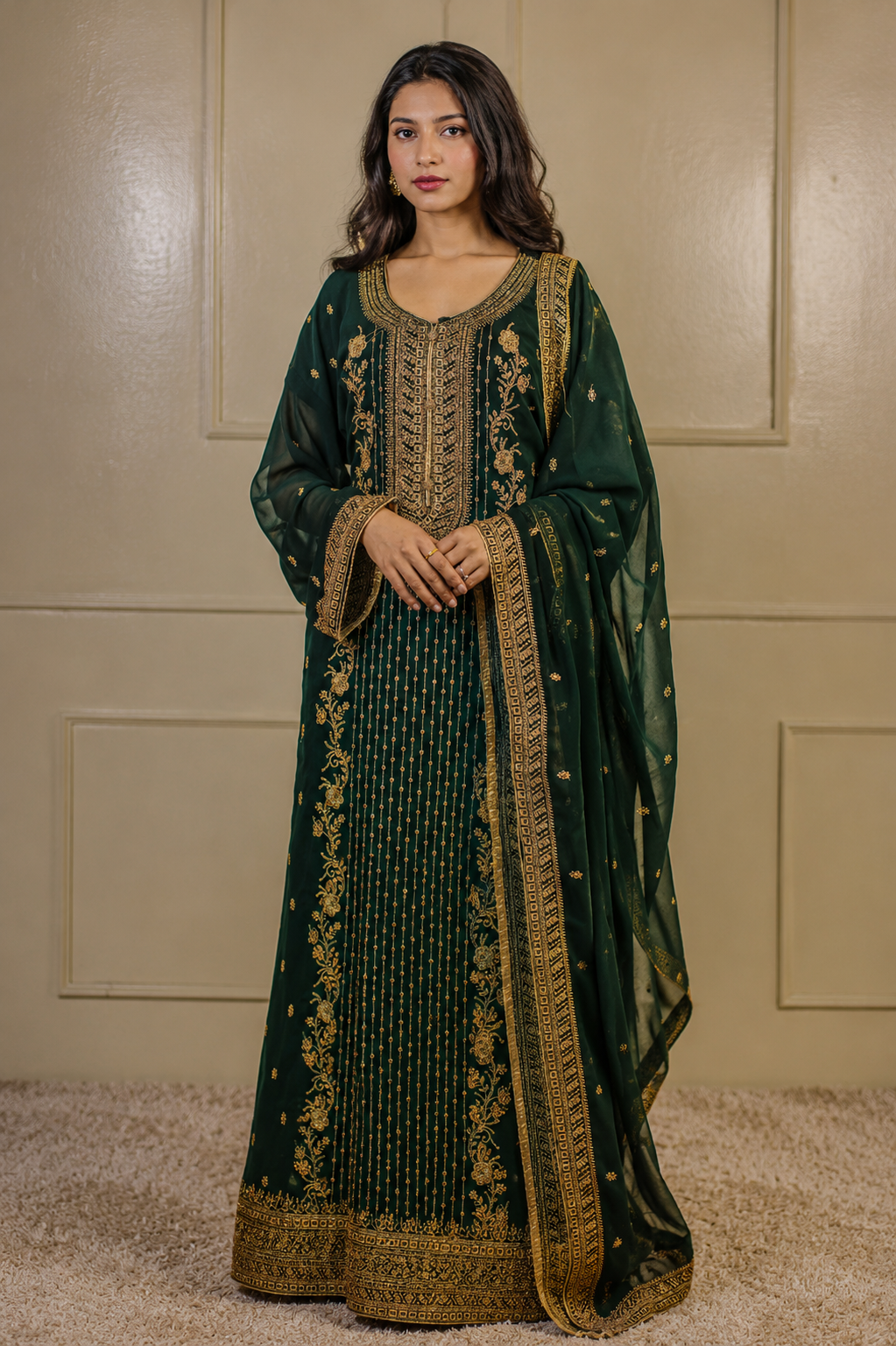 Noor-e-Mehfil - Green & Gold Threadwork Sharara Suit
