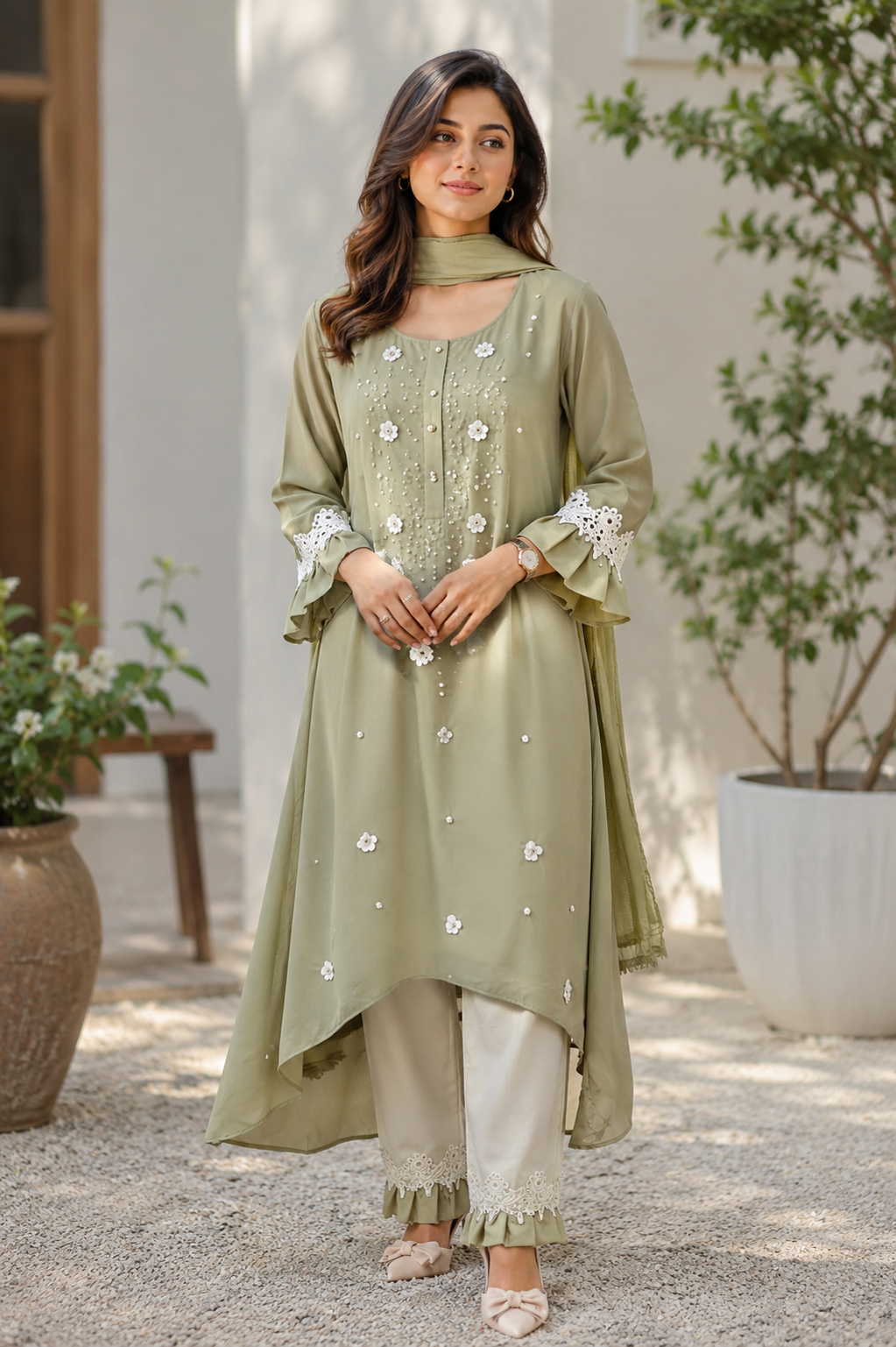 3D Floral Appliqué Asymmetric Pakistani Suit