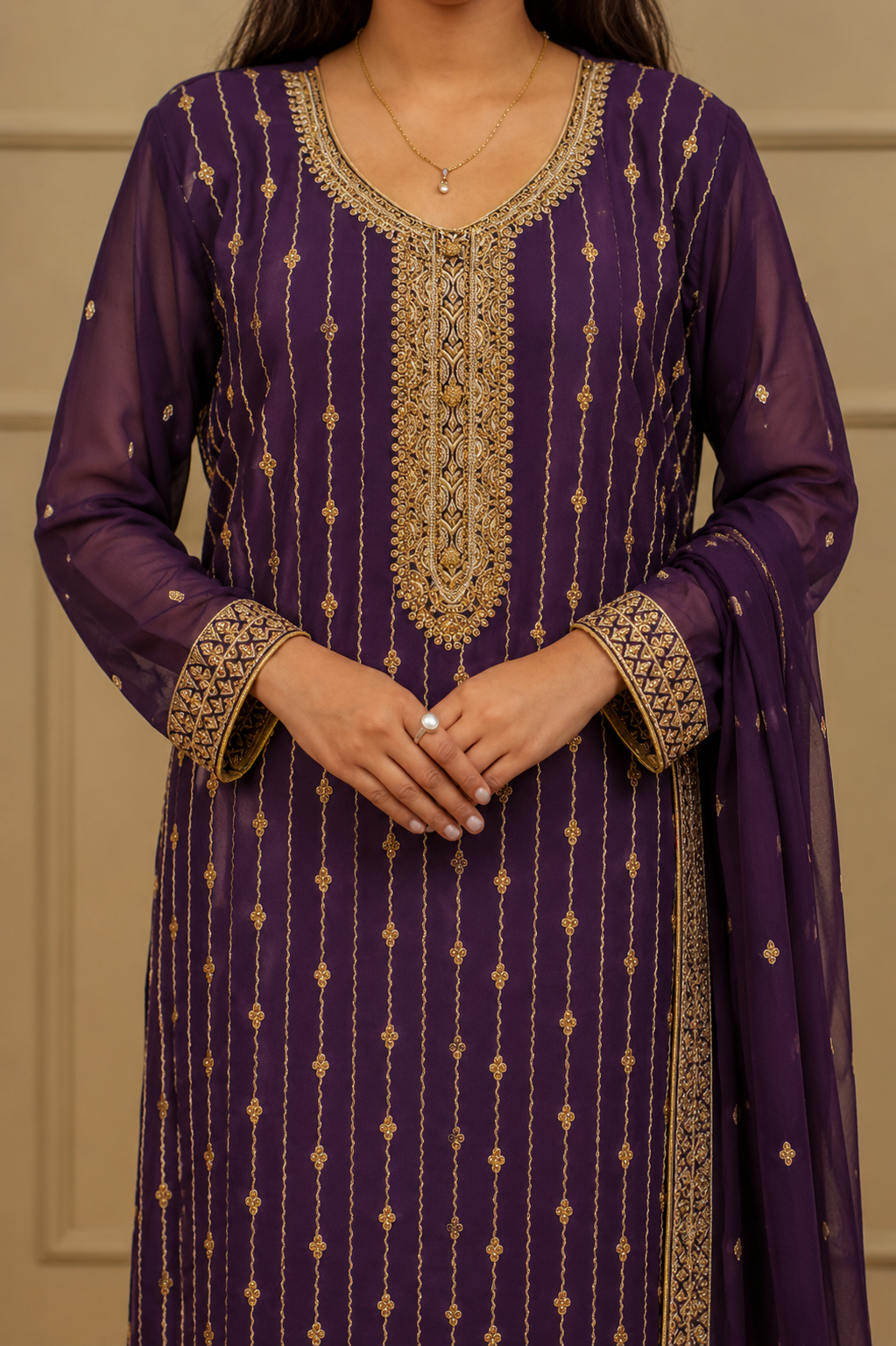 Noor-e-Mehfil -  Gold Striped Suit with Sharara