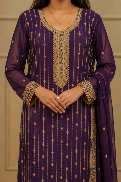 Noor-e-Mehfil -  Gold Striped Suit with Sharara