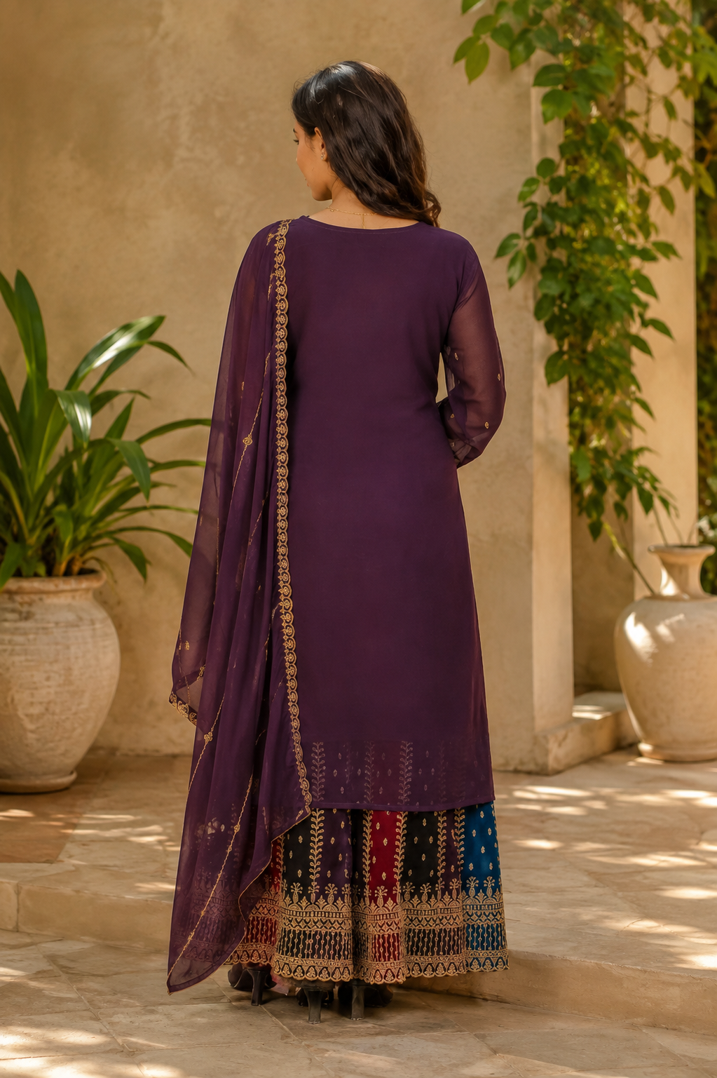 Noor-e-Mehfil -  Gold Striped Suit with Sharara