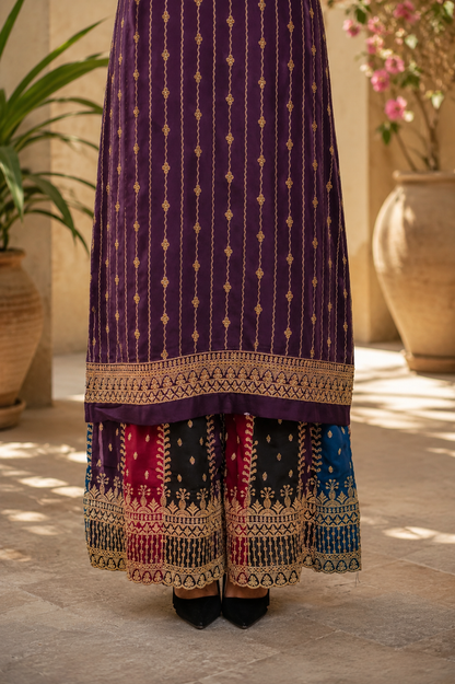 Noor-e-Mehfil -  Gold Striped Suit with Sharara