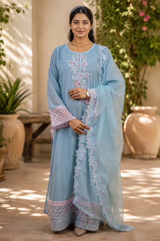 Zahra-E-Noor - Powder Blue Pakistani Suit with Pink Embrodiery