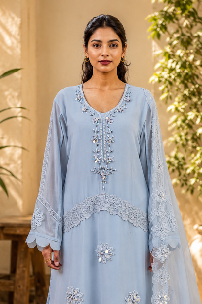 Embroidered Suit with Floral Print Dupatta
