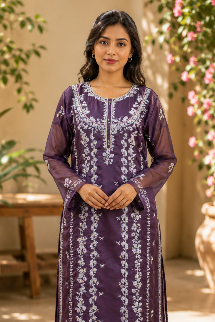 Zahra-E-Noor - Silver Embroidered Suit with Printed Dupatta