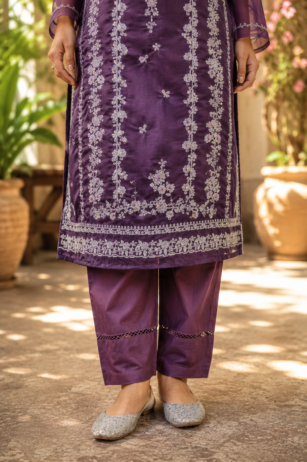 Zahra-E-Noor - Silver Embroidered Suit with Printed Dupatta