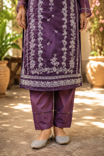 Zahra-E-Noor - Silver Embroidered Suit with Printed Dupatta