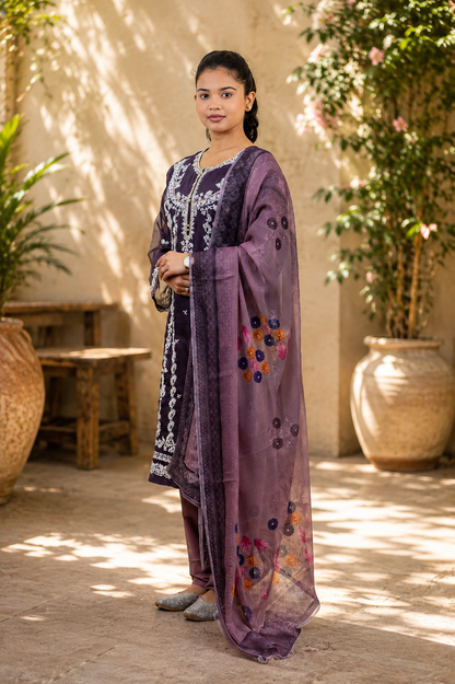 Zahra-E-Noor - Silver Embroidered Suit with Printed Dupatta
