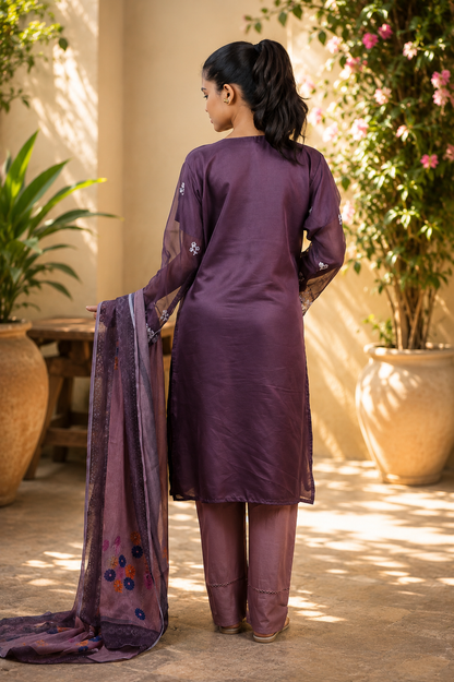 Zahra-E-Noor - Silver Embroidered Suit with Printed Dupatta